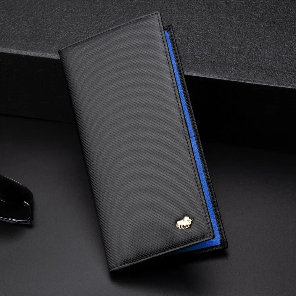 Men's Bifold Long Wallet Card Blue Real Leather Zipper Coin Pocket Design